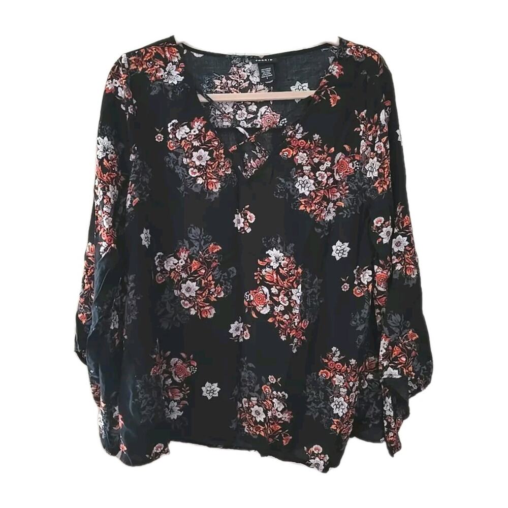Torrid Black Floral Print V-Neck Bell Sleeve Boho Peasant Top Womans Size 1x